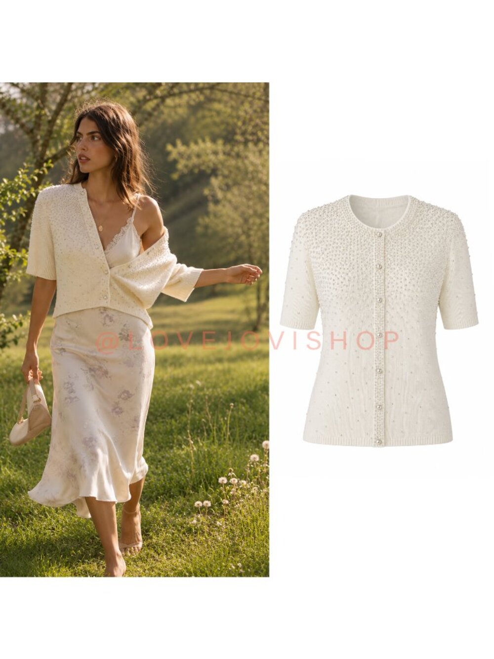 Feminine | 90s Vintage Pearl Embellished Cotton Cardigan | Blush by Spiegal | M